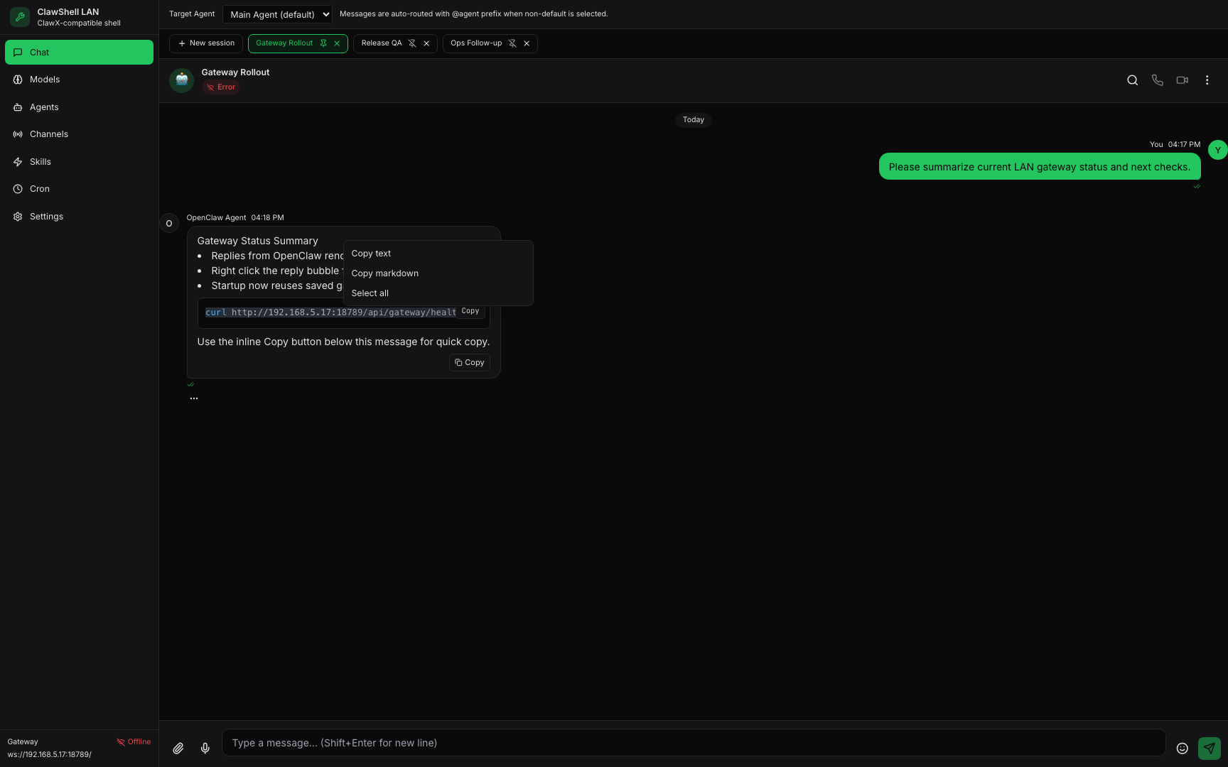 ClawShell chat right-click copy menu screenshot