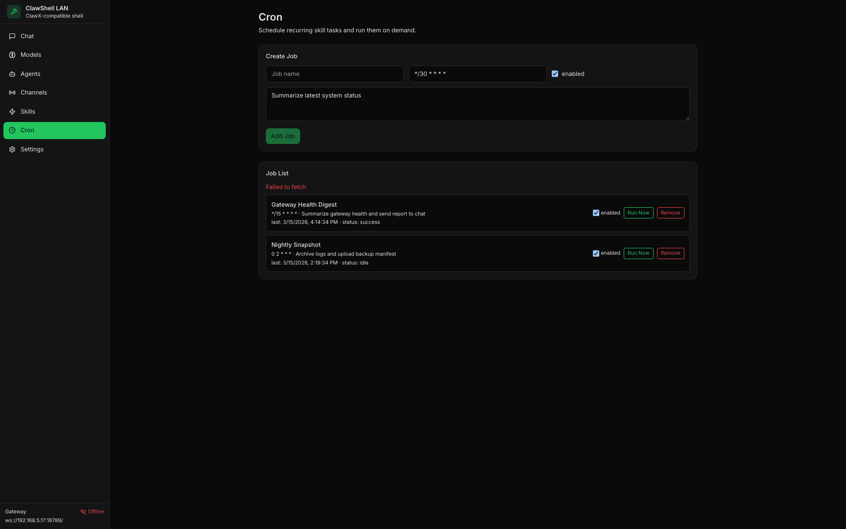 ClawShell cron page screenshot