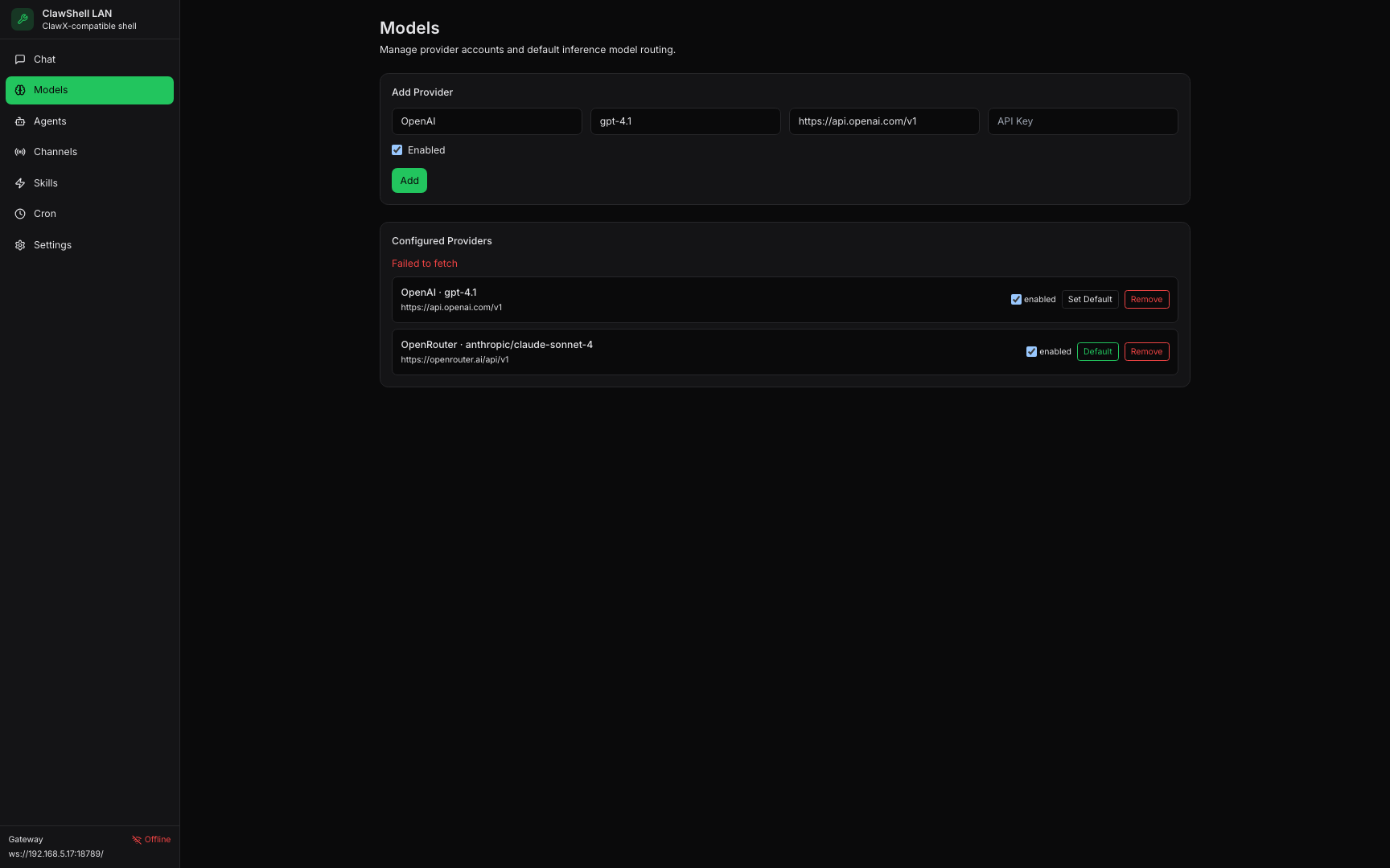 ClawShell models page screenshot