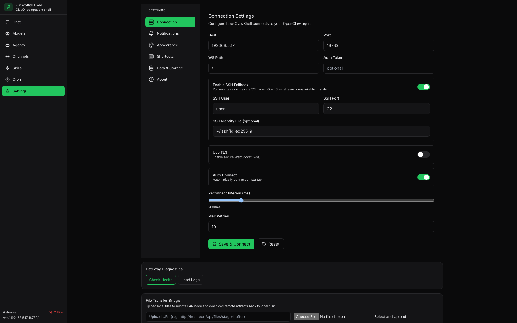 ClawShell settings page screenshot